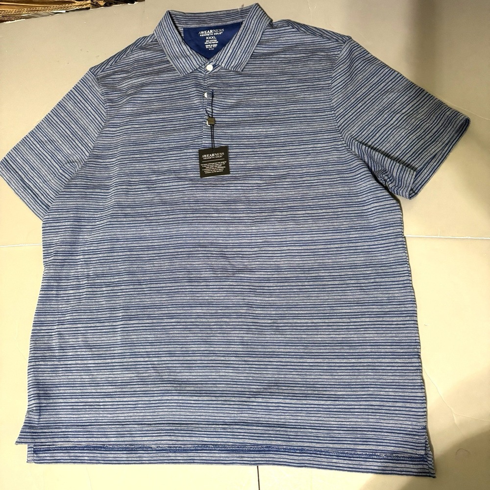 Kenneth Cole Polo Shirt 3XL Awearness Slim Fit Stretch Blue Stripes Golf New